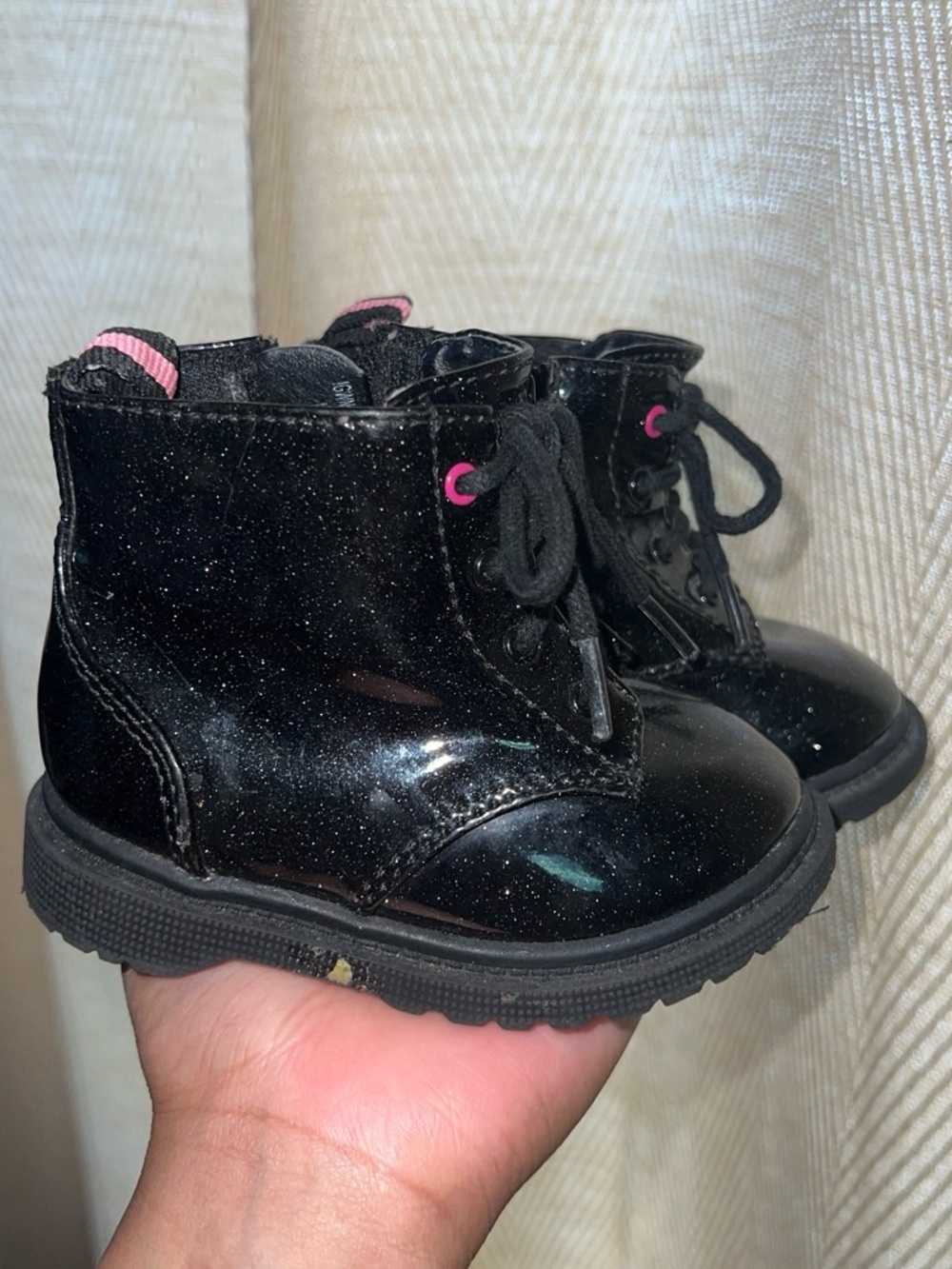wonder nation Black Glitter Lace-Up Ankle Boots with Pink Accents